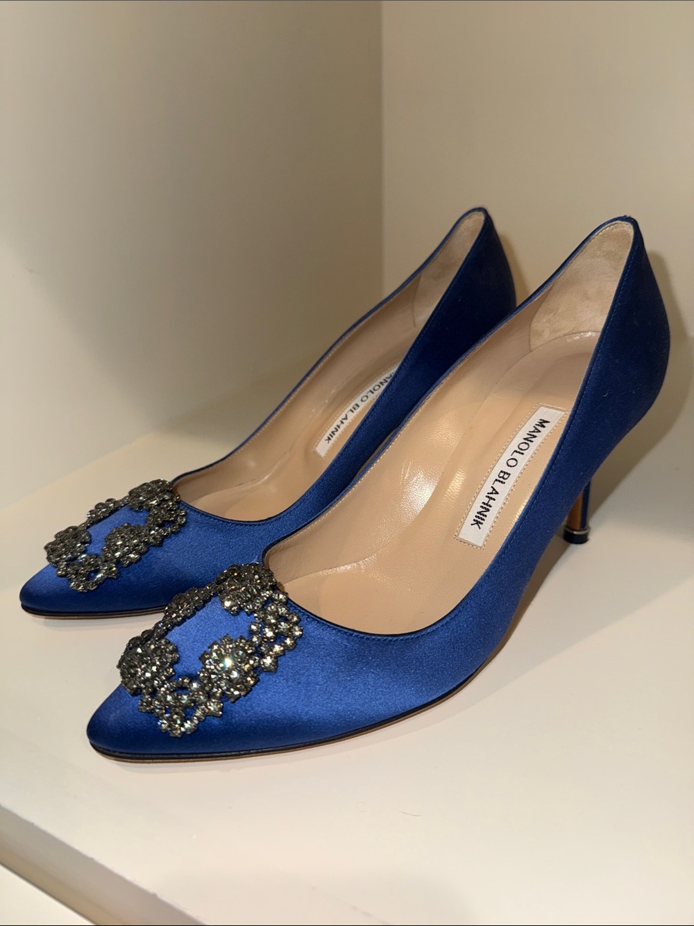 Manolo Blahnik Royal Blue Satin Crystal-Embellished Pointed-Toe Pumps - Picture 10 of 11